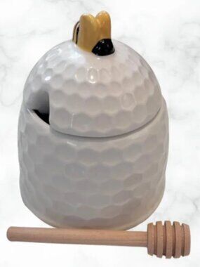 Ceramic Bee and Honeycomb Honey Pot w/ Lid and Wooden Dipper